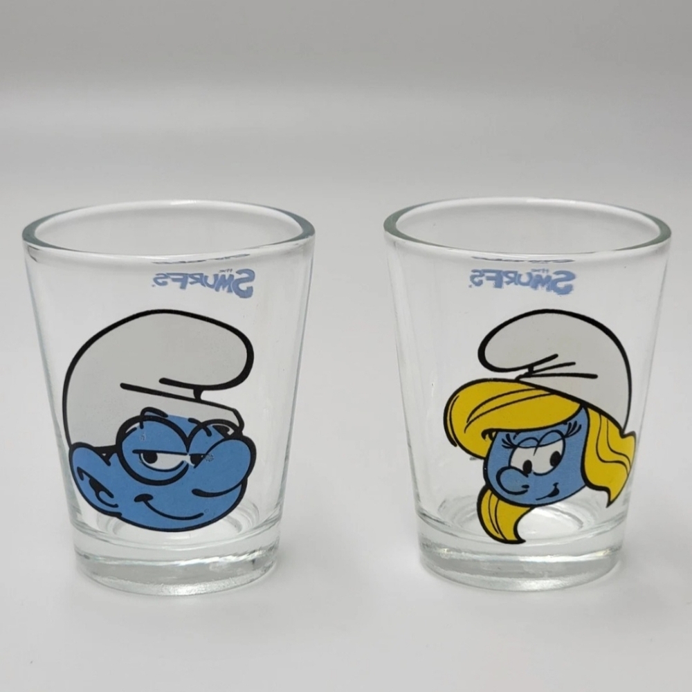 Set of 2 Peyo Smurf Shot Glasses Brainy & Smurfette 2010 Lafig Belgium